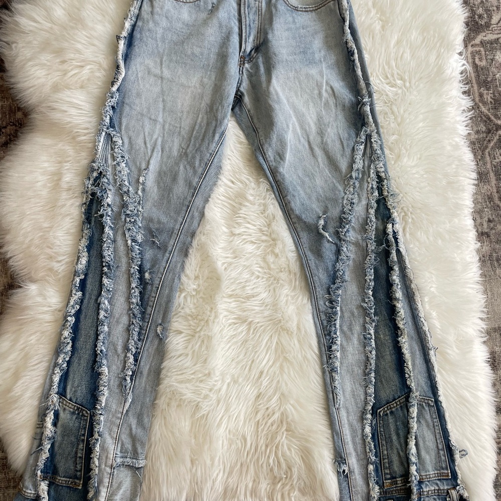 MNML Jeans Mens Tag 30 (actual 31) Blue Patchwork Distressed Button Fly Raw